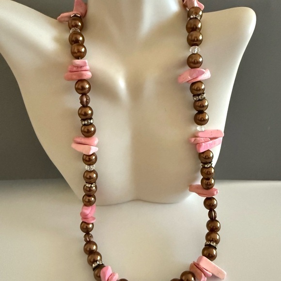 Pink Natural Gemstone Chocolate Colored Faux Pearl Necklace - Picture 4 of 7